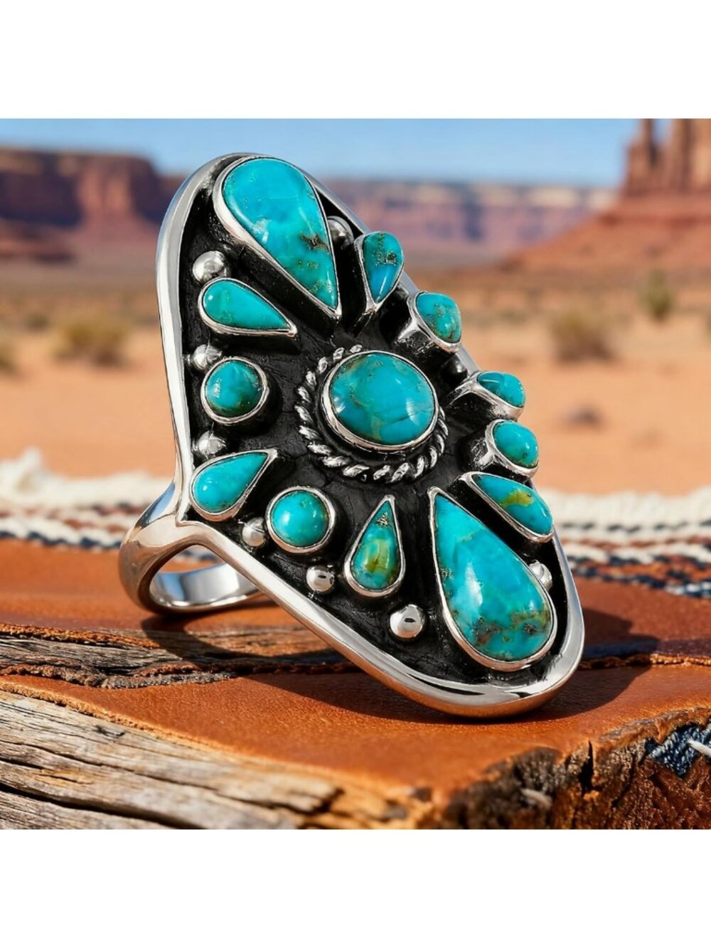 Turquoise Sterling Silver Ring, Genuine Gemstones, Adjustable Size 6-11 - Picture 5 of 8